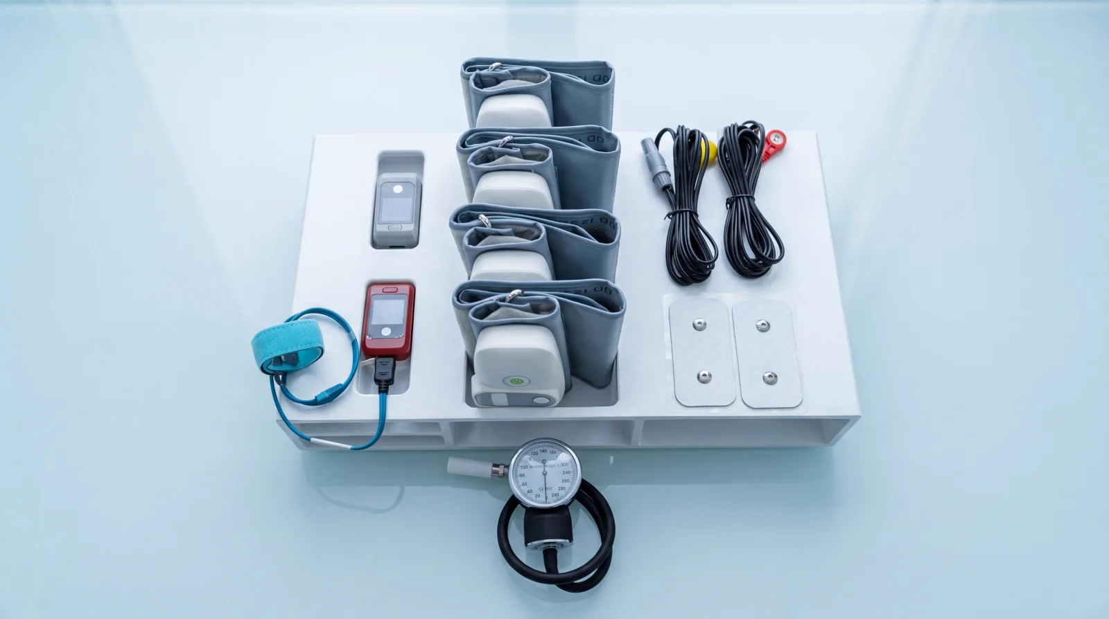 Full TM-Flow System laid out: console, four cuffs, pulse oximeter, ECG leads, plates and gauge